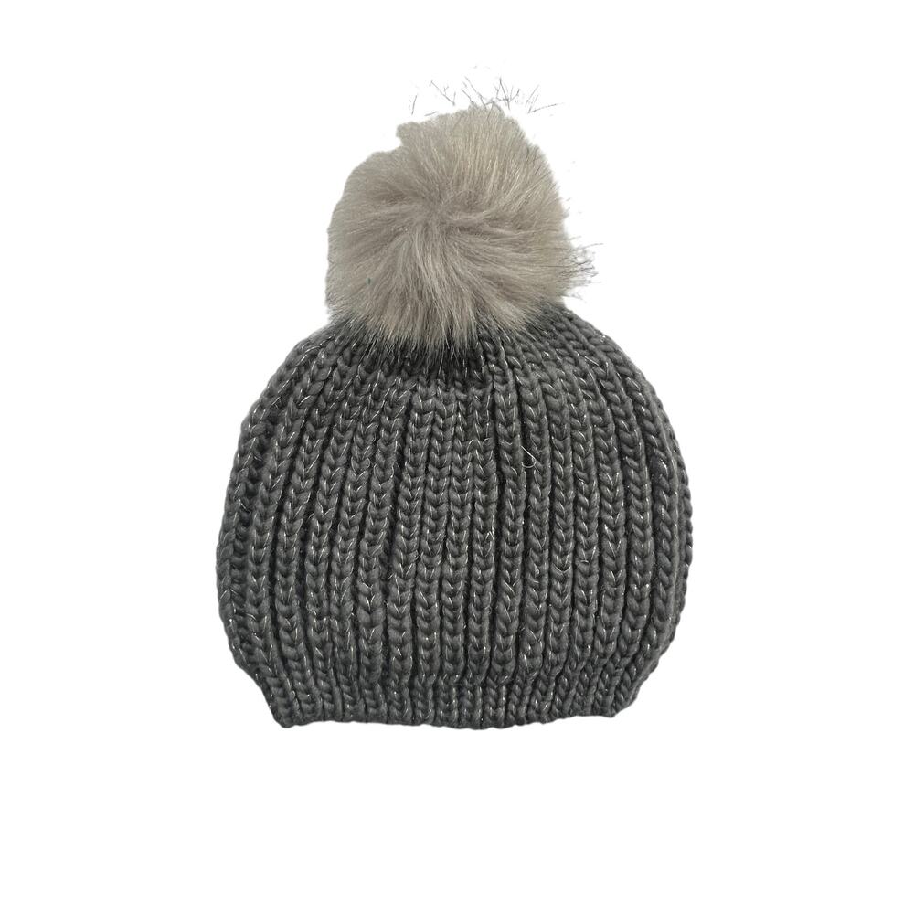 Beanie Dark Gray with Silvery Threads and Light Gray Pompom OS